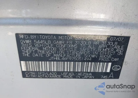 2007 Lexus Ls 460 z USA, uszkodzony, nr VIN JTHBL46F975051494